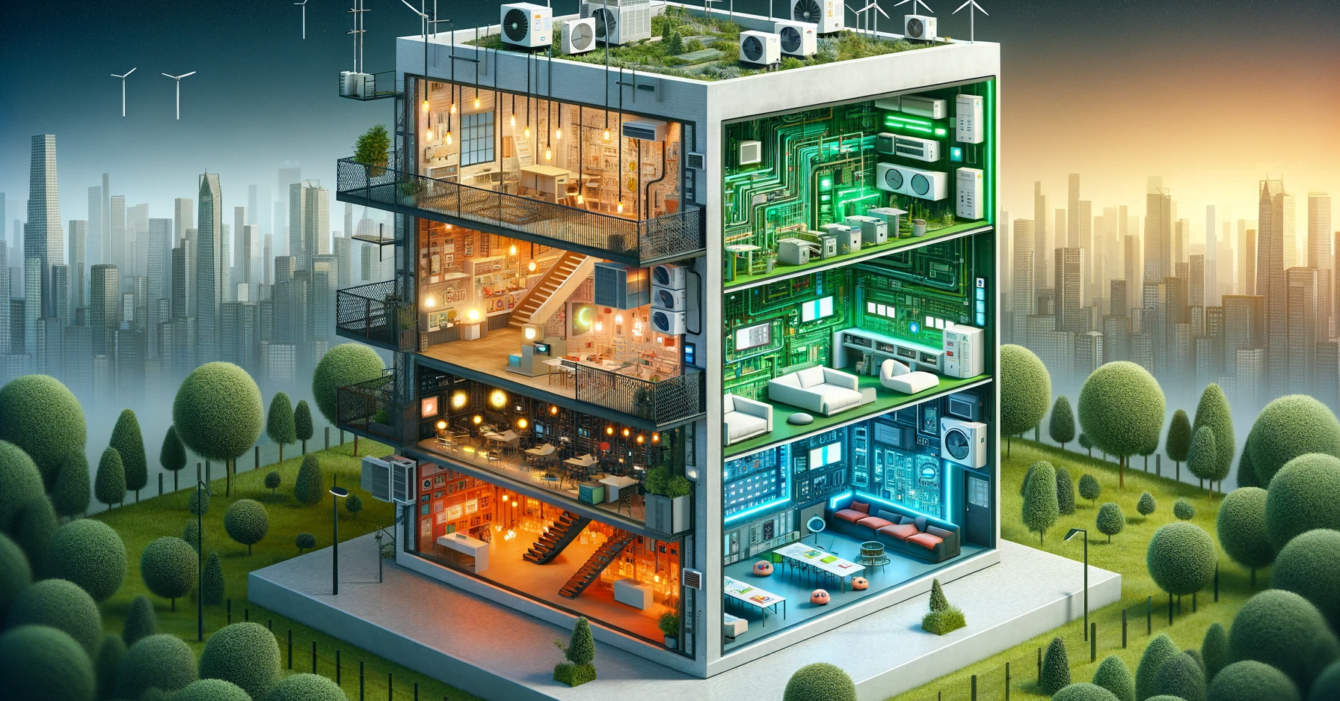 DALL·E 2023-12-19 19.14.59 - An illustrative concept for 'How Electrical Systems Design Affects Building Efficiency' in a landscape format. The image features a cross-section of a