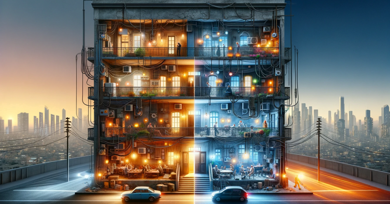 DALL·E 2023-12-19 19.18.16 - A landscape-oriented visual representation for 'Common Electrical Issues in Old Buildings and Upgradation Tips'. The image portrays an expansive view